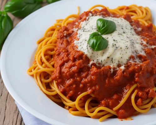 Špagety s masovou omáčkou, sýrem a bazalkou